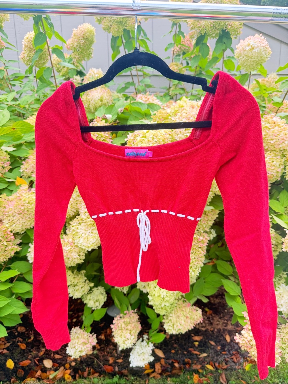Edikted Red Scoop-Neck Ribbed Tie-Waist Sweater